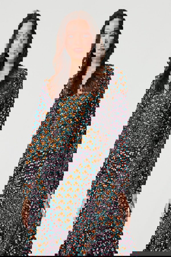 Black | Patchwork Print Ruffled Wrap Dress