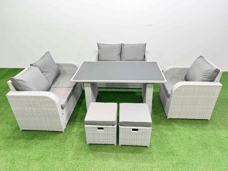 Fimous Rattan Sofa Outdoor Furniture with Dining Table,Love Sofa,2 Small Stools Patio Furniture Light Grey 7 Seater