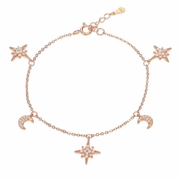 namana Dainty Rose Gold Plated 925 Sterling Silver Moon and Star Charm Bracelet For Women