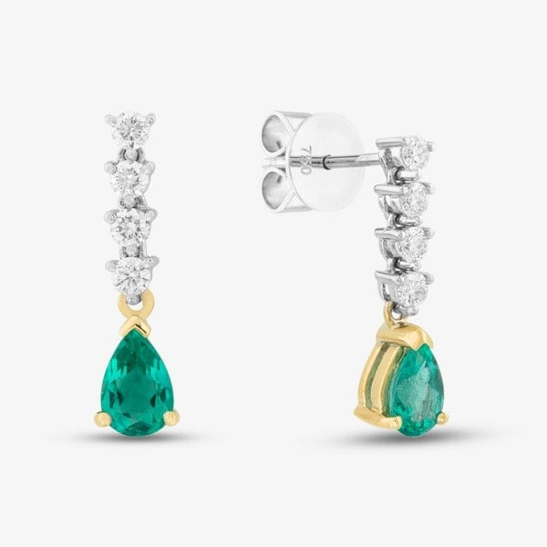 T. H. Baker 18ct Yellow Gold 0.72ct Pear Cut Emerald & 0.30ct Brilliant Cut Diamond Dropper Earrings 49724J5