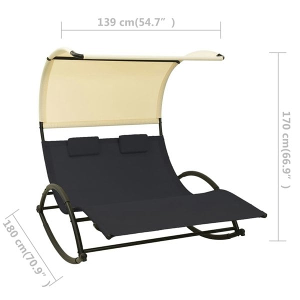 Berkfield Double Sun Lounger with Canopy Textilene Black and Cream