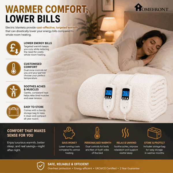 Homefront Double Electric Luxury Fleece Blanket With 9 Heat Settings and Timer Digital Control