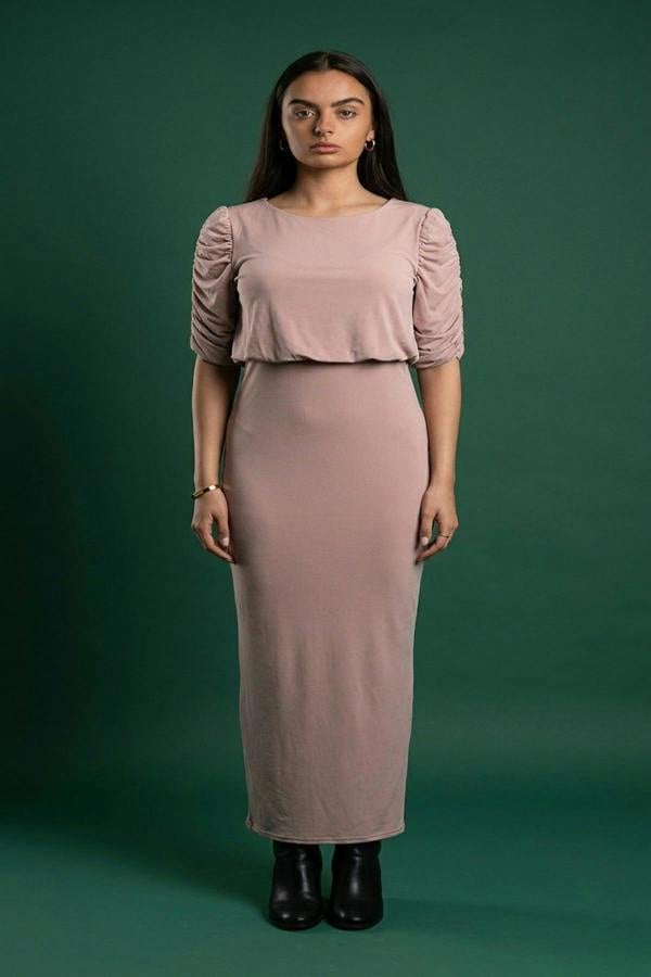 Elvira Ruched Short Sleeve Maxi Dress With Draped Bodice - Dusty Pink