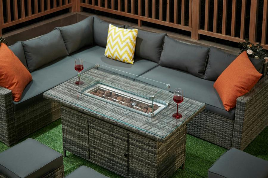 The Tarporley Grey 9 Seat Corner Firepit Rattan Dining Set - Madefor.Living