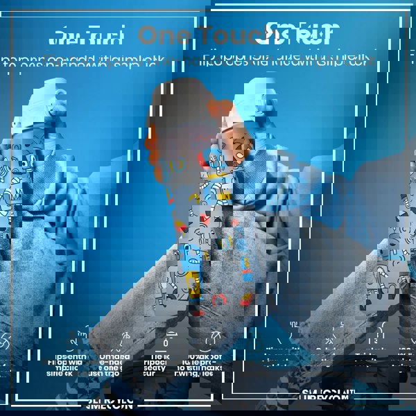 A water bottle with a flip top and robot design is being held; its lid opens one-handed. The bottle is shown against a blue background. "One Touch," "Flip top opens one-handed with a simple click," "Flips open with a simple click," "One-handed use on the go," "Triple lock security," "100% leak proof - no twisting, no leaks," and "SLIM RECYCLON™" are also present.