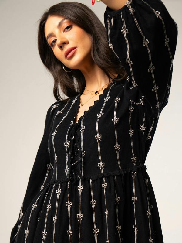 Rose & Nancy Beatrix Black Cord Embroidered Midi Dress