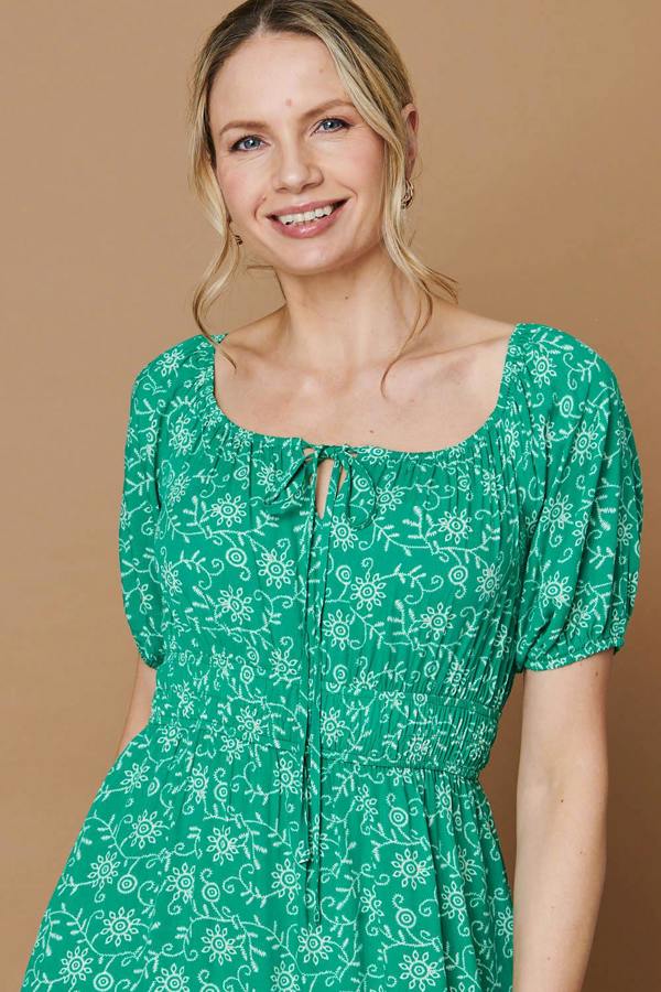 Green | Printed 1/2 Sleeve Smocked Midi Dress