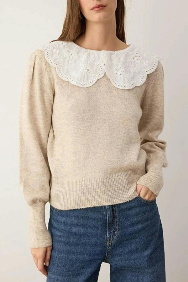 WOVCOR Soft Textured Garnished Shirt Collar Knit Sweater