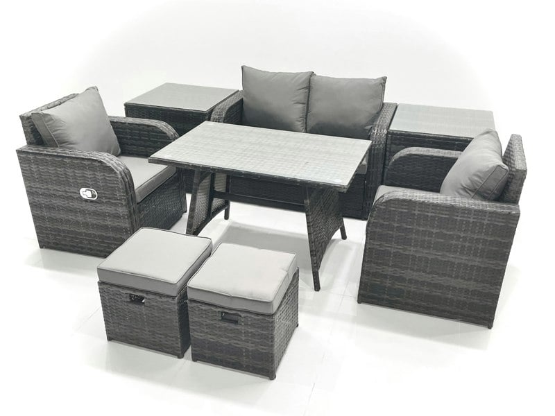 Fimous Outdoor Garden Furniture Set Rattan Sofa Dining Table Set with Reclining Chair 2 Small Footstool 2 Side Table Dark Grey Mixed
