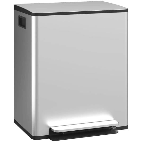 Silver stainless steel trash bin with foot pedal and rectangular lid