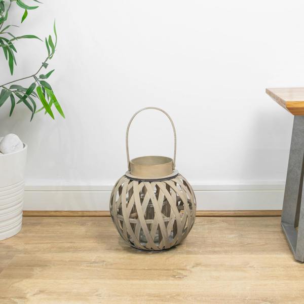 JVL Set of 2 Luna - Natural Round Wood Lantern With Handle, Antique Wash