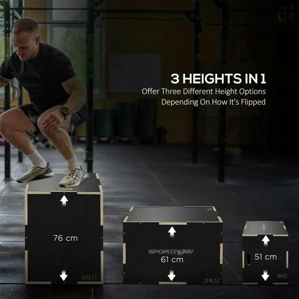 Black multi-height wooden jump box showing three adjustable heights with arrows