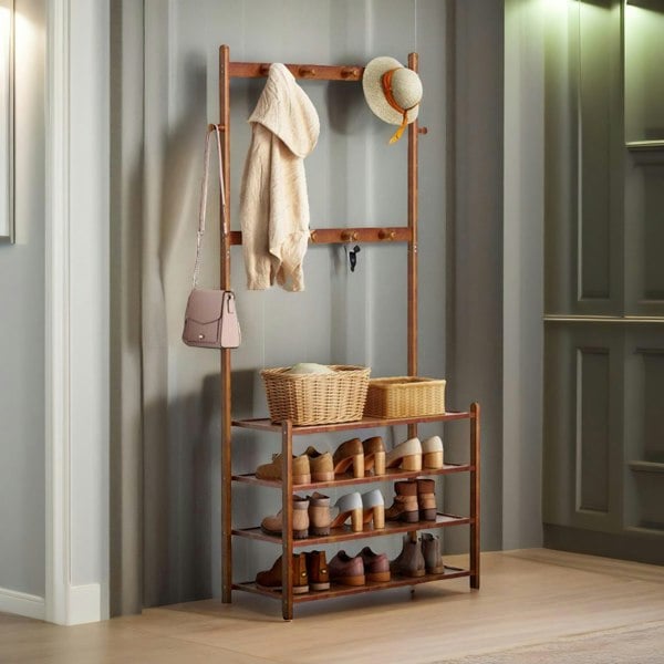 Rafaelo Mobilia Bamboo Clothes Rack With 12 Hooks & 5 Tier Shoe Storage