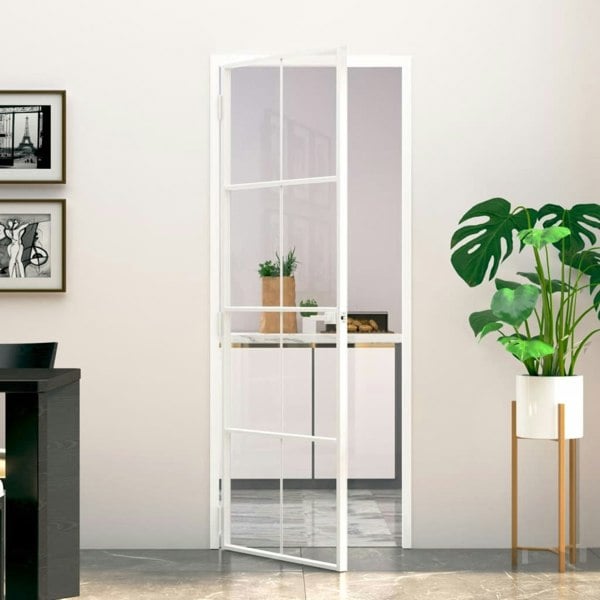 Berkfield Interior Door White 76x201.5 cm Tempered Glass&Aluminium Slim