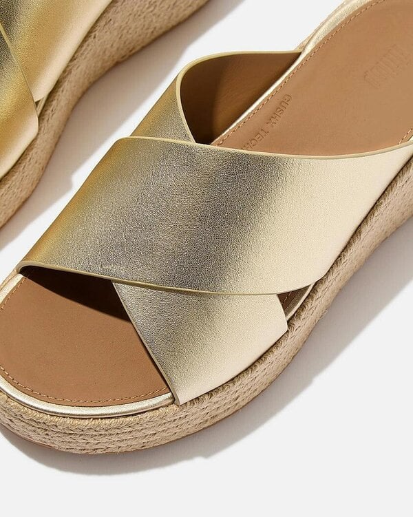 FitFlop Womens PLATFFORMS Espadrille Leather Wedge Cross Slides - Platino 675