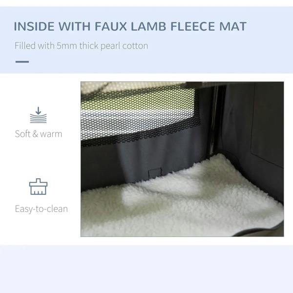 Interior view of grey foldable pet carrier with faux lamb fleece mat and mesh wall.