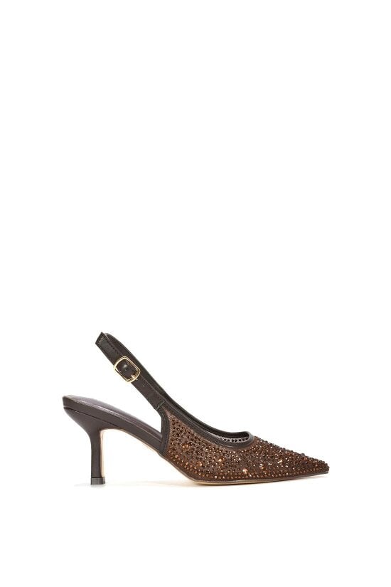 XY LONDON Diamante Slingback Court Shoes With Low Kitten Heel - Brown