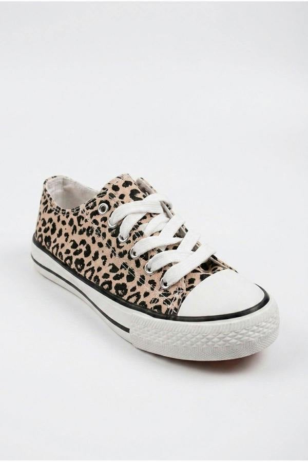 Pearl Canvas Lace Up Low Trainers - Leopard