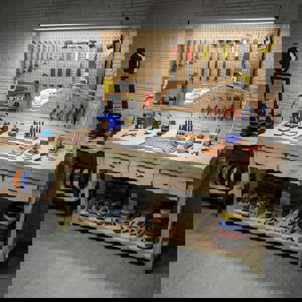 Wooden eucalyptus Top Workbench – Durable Tool Cabinet with Multiple Drawers, Ideal for Dry Indoor Spaces Such as Garages, Workshops, and Studios