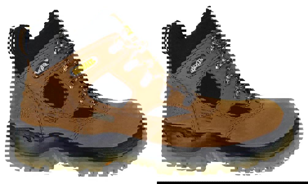 DeWalt Challenger Mens Waterproof Safety S3 Steel Toe Work Boots, rugged brown and black safety footwear with durable leather upper and steel toe, ideal for construction and industrial work.