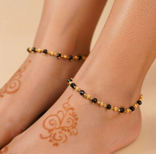 The Colourful Aura Black Bead Gold Nazaria Anklet | 18k Gold Plated Brass Tarnish Free