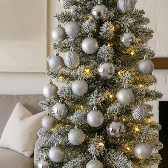Neo Silver 36 Christmas Tree Ornaments Set Baubles Glitter Balls Holiday Festive Decorations Assorted Sizes Colours Home Party Décor