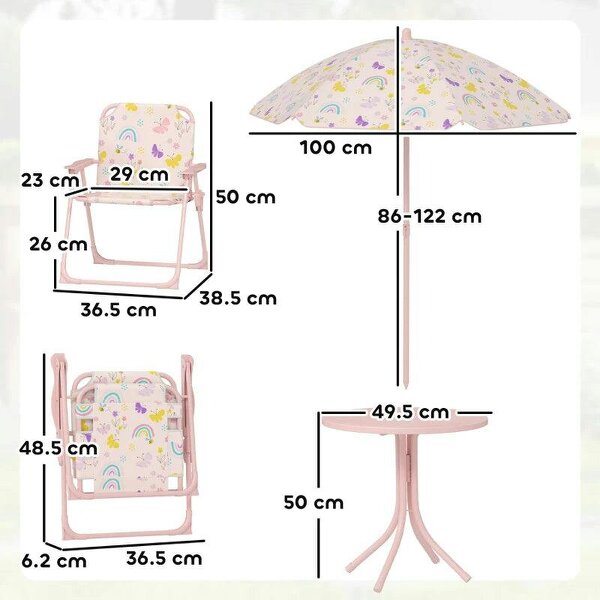 4-Piece Kids Garden Table and Chair Set with Adjustable Parasol, Folding Chairs, Table, Rainbow Pattern, Pink