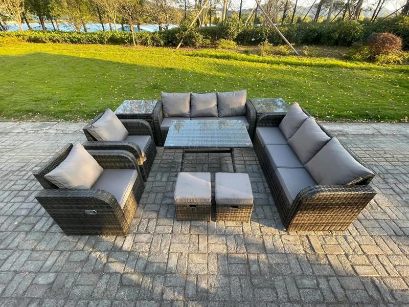 Fimous 10 Seater Rattan Garden Set, Sofa, Patio Table, 3 Seater Sofa, Dining Table, 2 Small Footstools and 2 Side Tables, Dark Grey Mixed
