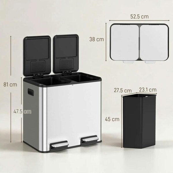 2 x 20L Double Kitchen Bin, Stainless Steel Pedal Rubbish Bin with Dual Compartments, Soft Close Lids, Silver Tone