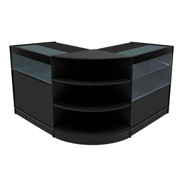 Harmonia LED Shop Counter Set in black features a sleek, modern design with curved edges, glass display tops, and open shelving for storage