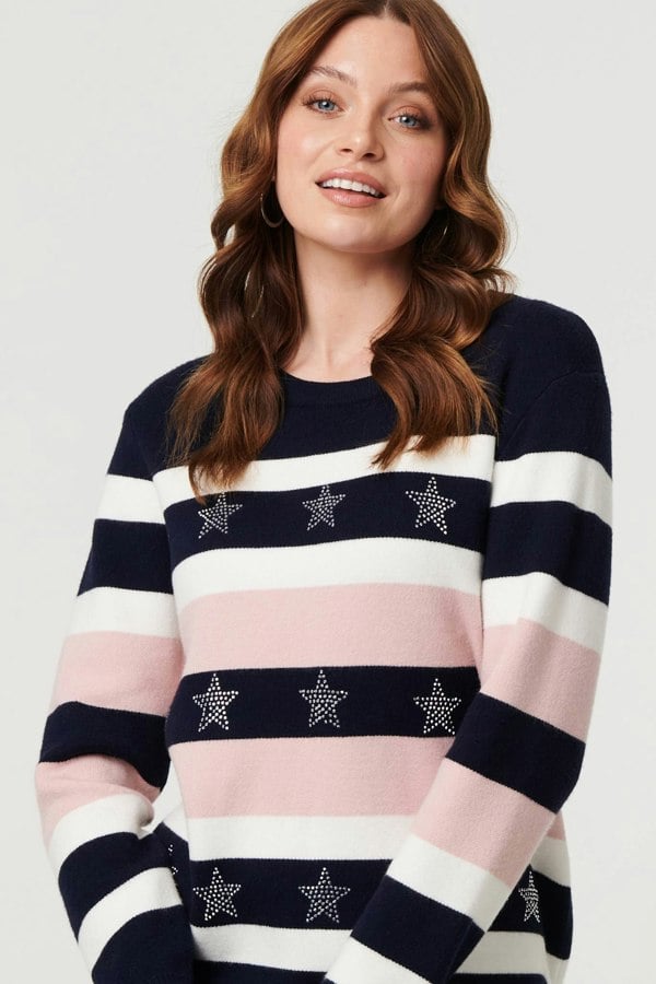 Navy | Sparkly Star Embellished Stripe Jumper
