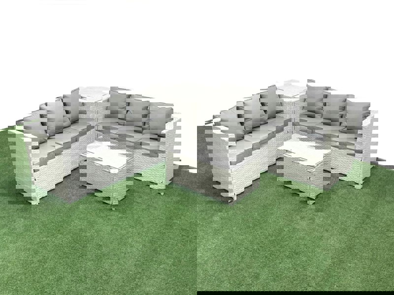 Fimous Garden Outdoor PE Rattan Furniture Set 6 Seater Rattan Garden Sofa Set with Side Table Light Grey Mixed