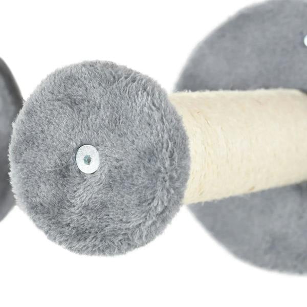 Grey plush scratching post roller end with light wood rod for wall-mounted cat furniture