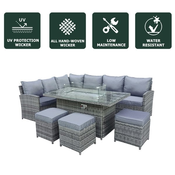 Furniture One 9 Seater Rattan Patio Dining Table Set with Table, Padded Corner Sofa, 3 Stool Outdoor Corner Sofa Set, All-Weather Patio Set