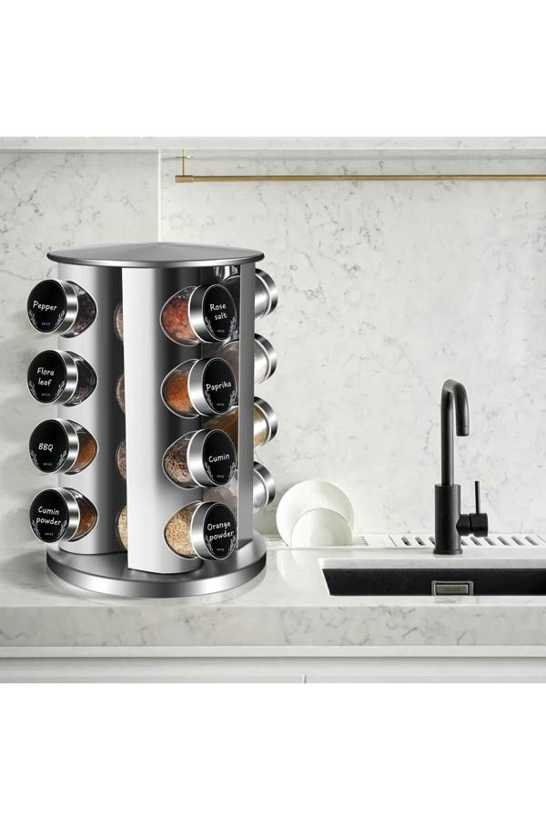 Dyzi 5 Tier Stainless Steel 360° Rotating Spice Rack with 20 Jars Silver