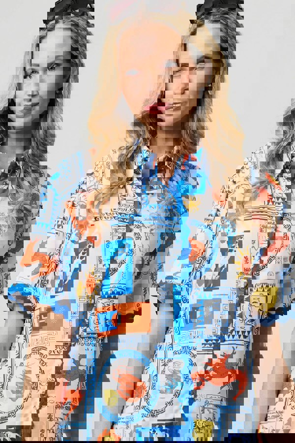 Blue | Printed Contrast Trim Relaxed Shirt
