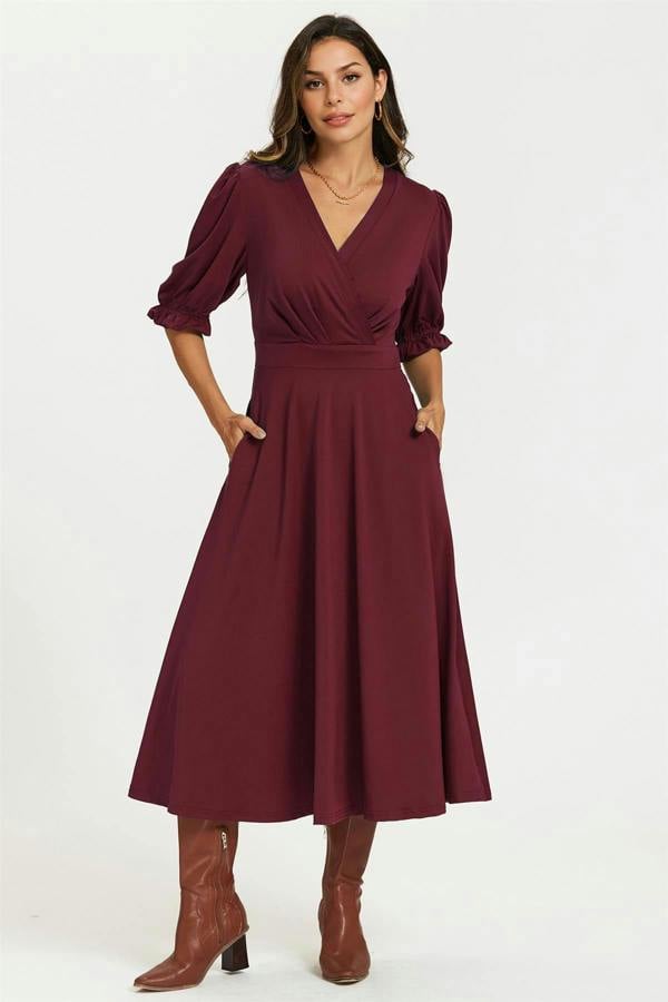FS Collection Half Sleeves Jersey Midi Dress with Wrap Neckline In Wine