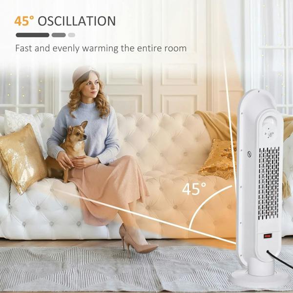 White ceramic tower space heater with 45° oscillation angle indicator