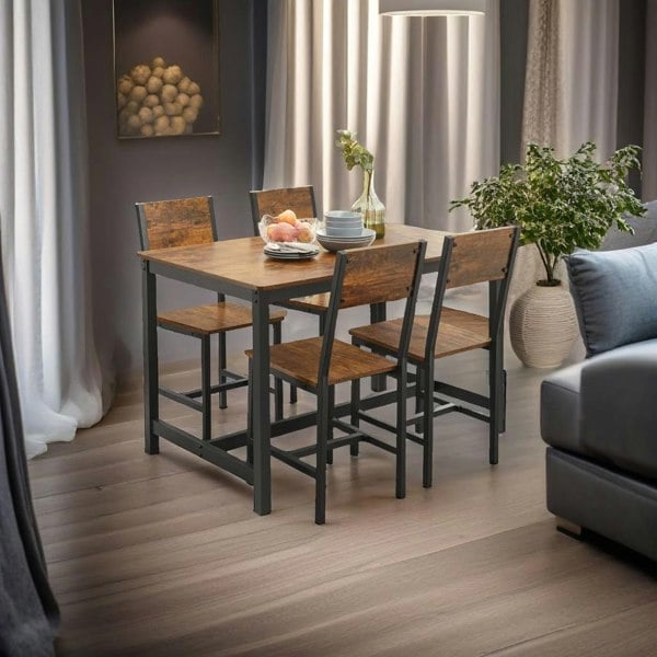Modcraft Set of 4 Industrial Dining Chairs with Steel Frame and Rustic Brown Particleboard Seats