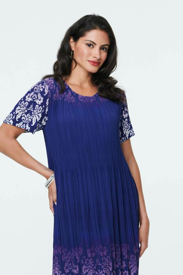 Navy | Border Print Pleat Texture Midi Dress