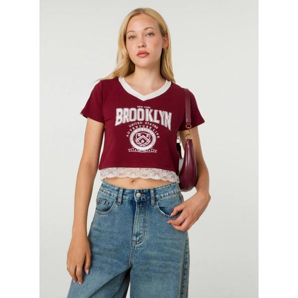 Pink Vanilla Brooklyn V-Neck Lace Hem T-Shirt