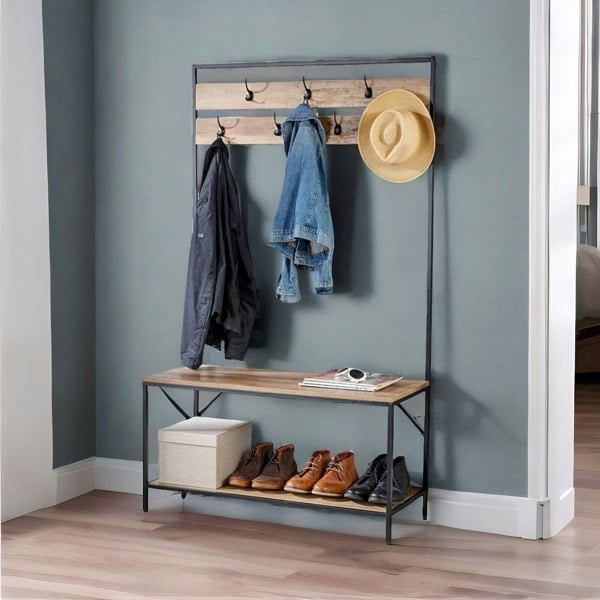 Rafaelo Mobilia Industrial Coat Rack Stand With 2 Shelves & 7 Hooks