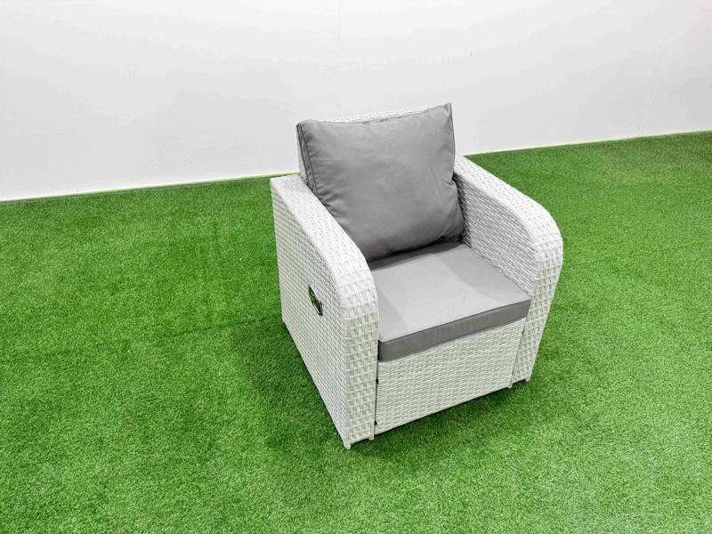 Fimous High Back Outdoor Sofa Set, Poly Rattan, Reclining Loveseat, Square Coffee Table, Big Stool and 2 Side Tables, Light Grey