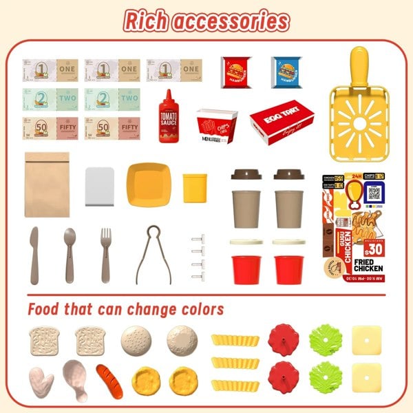 deAO Toys Mini Kitchen Playset Fried Chicken Shop Toy with Color-Changing Food, Burgers, Fries,Cash Register