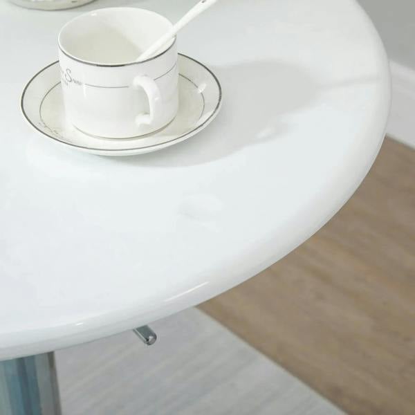 White glossy round tabletop edge of bar table with silver pedestal support