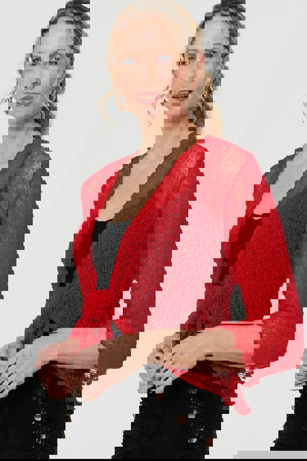 Red | Sheer 3/4 Sleeve Open Front Cardigan
