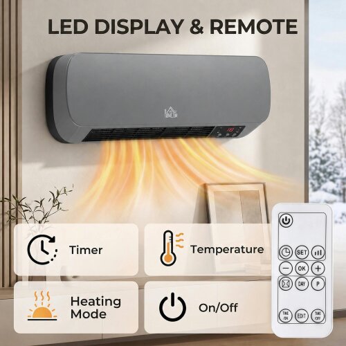 HOMCOM Wall Mounted 2000W Ceramic Heater with 3 Heat Settings, Grey
