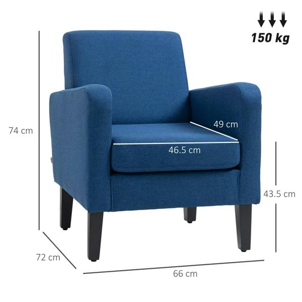 Blue armchair with thick padded seat and armrests, shown with size measurements.