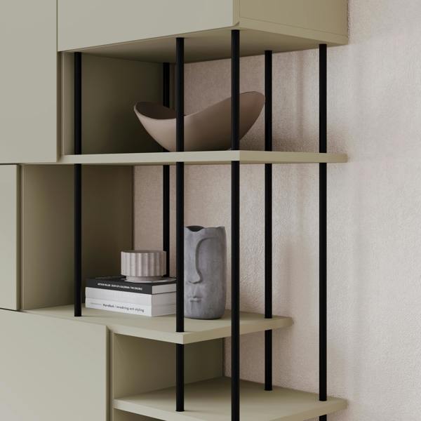 Decortie Modern Key Bookcase 5-Doors Storage Cabinet and Minimal Open Shelves Display Unit Metal Legs 84(W)x175(H)cm
