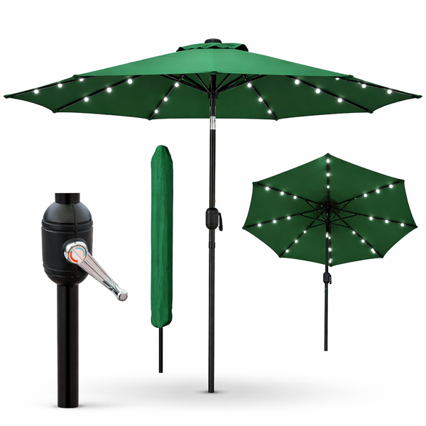 GlamHaus Garden Parasol Solar LED 2.7M ,Tilting Table Umbrella with Crank Handle, Protection UV40, Includes Parasol Cover- Green